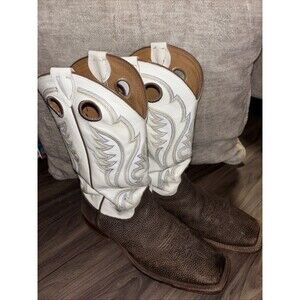 11 D JUSTIN BOOTS Men's Bent Rail Brown White Cowboy BR305 Embroidered Square